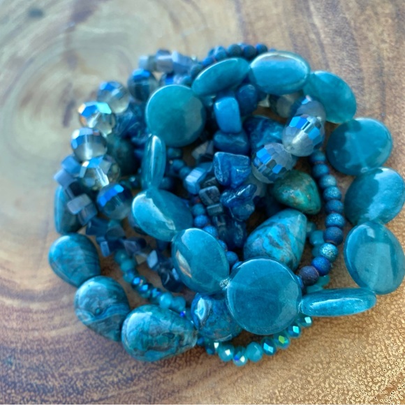 Natural Blue Gray Apatite, Jasper & Moonstone Gemstone Mix Bead Bracelet Stack - Picture 8 of 13